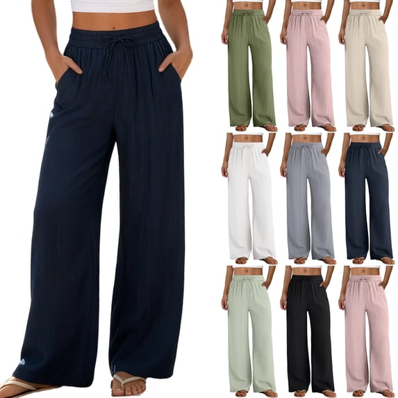 HKYNLAG Women Linen Pants Summer Casual Loose Wide Leg Palazzo Pants Drawstring High Waist Flowy Beach Trousers with Pockets Black M
