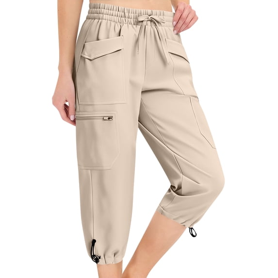 HKYNLAG Women's Cargo Capri Pants Lightweight Quick Dry Jogger Pants Hiking Travel Summer Pants for Outdoor with Pockets Khaki L