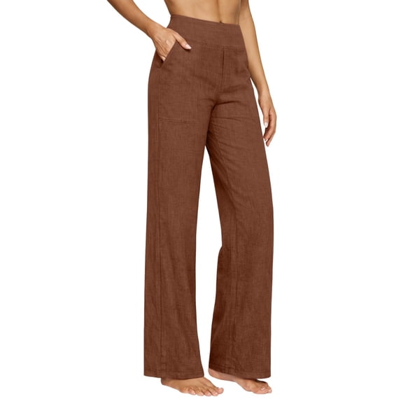 HKYNLAG Women's Cotton Linen Pants Pull On Straight Leg High Waisted Casual Lounge Trousers with Pockets Coffee S