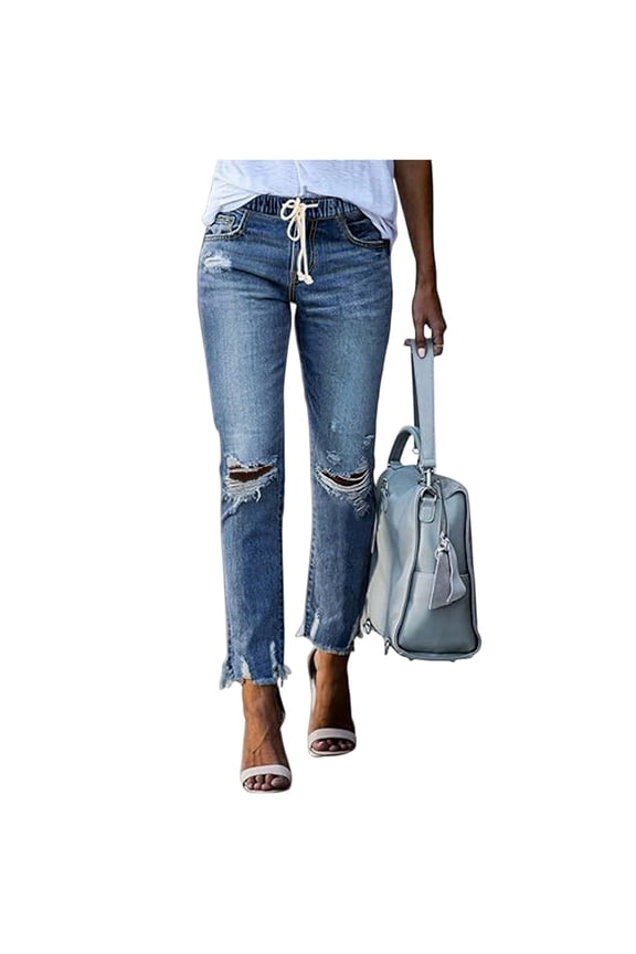 Womens Ripped Jeans Drawstring Elastic High Waisted Skinny Jeans Stretch Distressed Raw Hem Cropped Denim Joggers Light Blue S