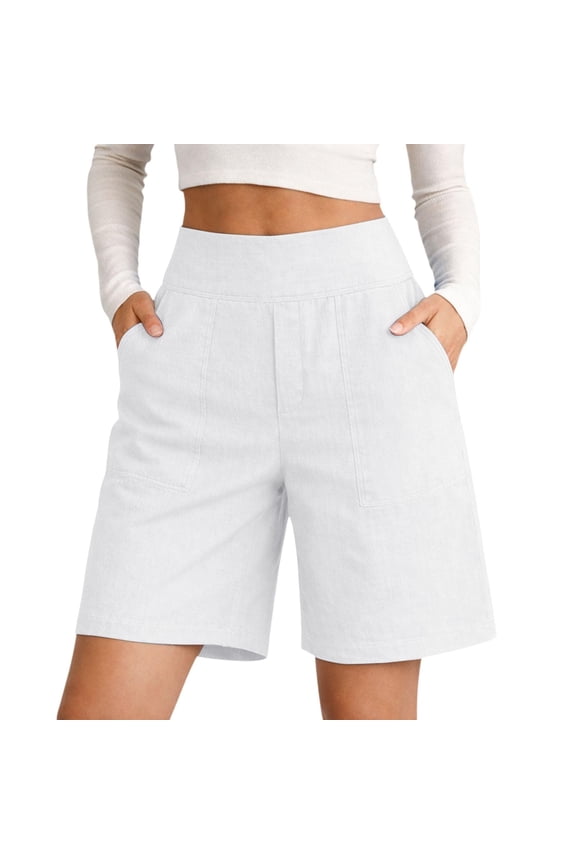 Women's Linen Capri Pants Knee Length Summer Casual Rolled Cuff Cropped Pants with Pockets Elastic Waist Pull On Button Hem Capris Black M