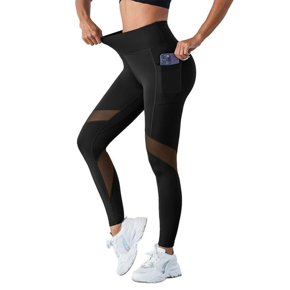 HKYNLAG Women's Mesh Leggings High Waisted Tummy Control Running Workout Leggings Soft Yoga Pants with Pockets Black XL