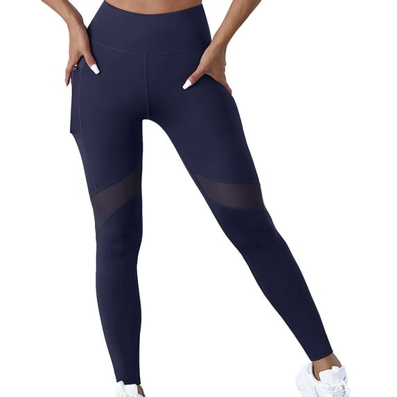 HKYNLAG Women's Mesh Leggings High Waisted Tummy Control Running Workout Leggings Soft Yoga Pants with Pockets Navy S