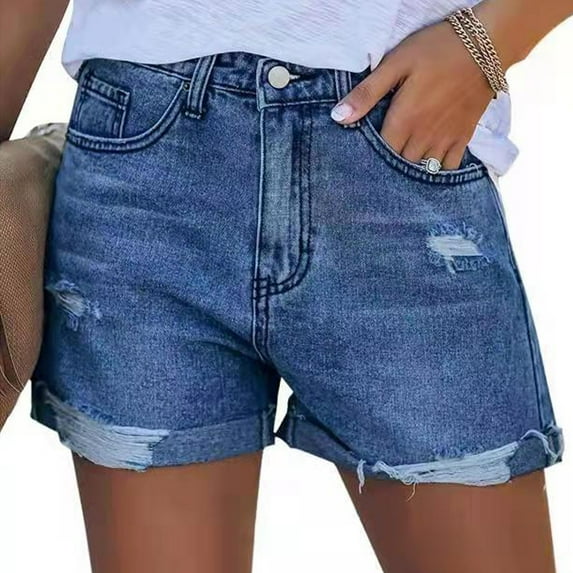 HKYNLAG Women's Mid-High Rise Ripped Denim Shorts Stretchy Distressed Jean Shorts with Pockets Folded Hem Casual Summer Jorts Dark Blue L