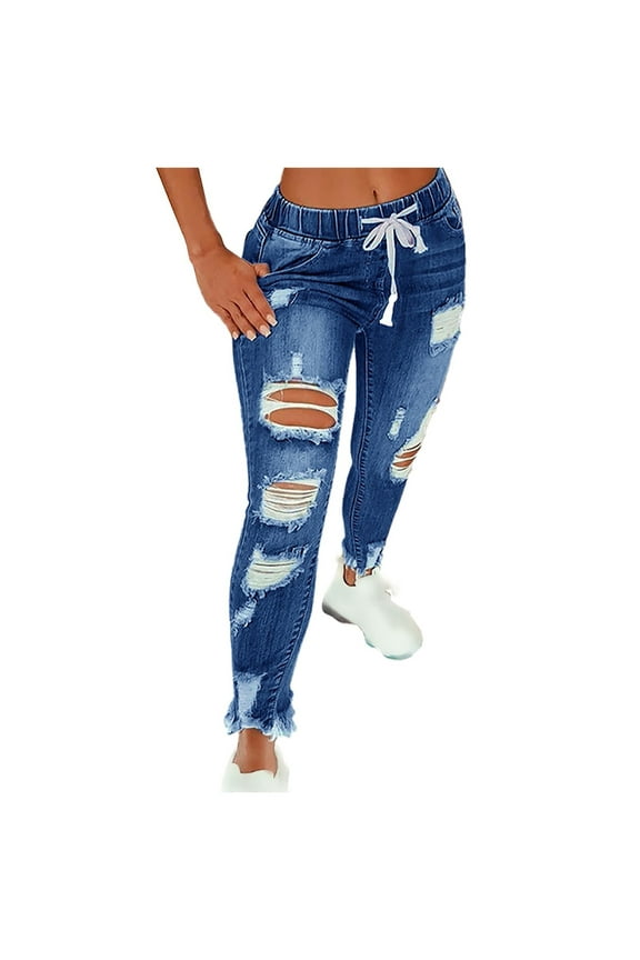 Women's Ripped Jeans Stretchy Drawstring High Waist Skinny Jean Distressed Denim Pants for Women Dark Blue M