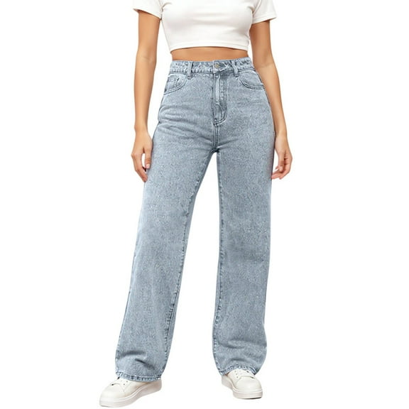 HKYNLAG Women's Straight Leg Jeans Fashion Trendy High Waisted Stretchy Casual Denim Pants Baggy Trousers Light Blue M