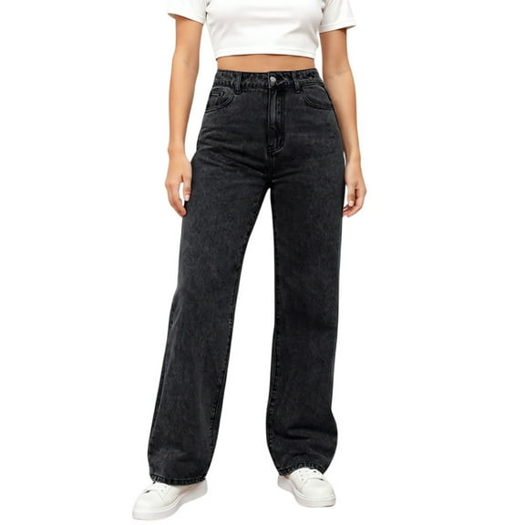HKYNLAG Women's Straight Leg Jeans Fashion Trendy High Waisted Stretchy Casual Denim Pants Baggy Trousers Navy XL