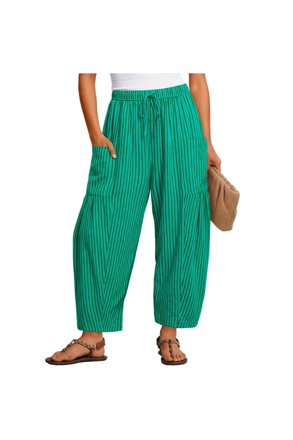 Women's Striped Wide Leg Palazzo Harem Pant 2026 Summer Drawstring Baggy Lounge Beach Travel Trouser with Pocket Green L