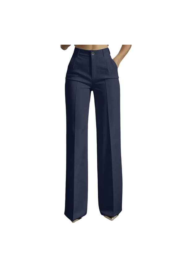 Women's Wide Leg Dress Pants 2026 High Waisted Straight Leg Office Work Slacks Casual Button Down Trousers Dark Blue S