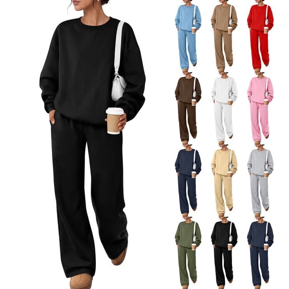 HKYNLAG Womens 2 Piece Sweatsuit Fall Sweat Outfits Lounge Sets 2026 Wide Leg Sweatpants Crew Neck Long Sleeve Tracksuit Black 2XL