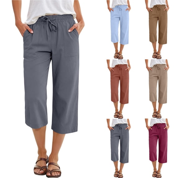 HKYNLAG Womens Capri Pants Cotton Linen Drawstring Elastic Waisted Casual Cropped Trousers with Pockets Vermilion M
