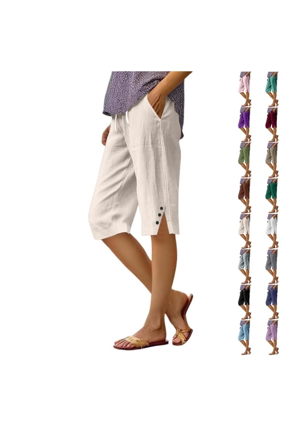 Womens Capris Petite Pull On Knee Length Cotton Linen Casual Summer Capri Pants Lightweight Side Split Beach Crop Pants with Pockets Pink 4XL