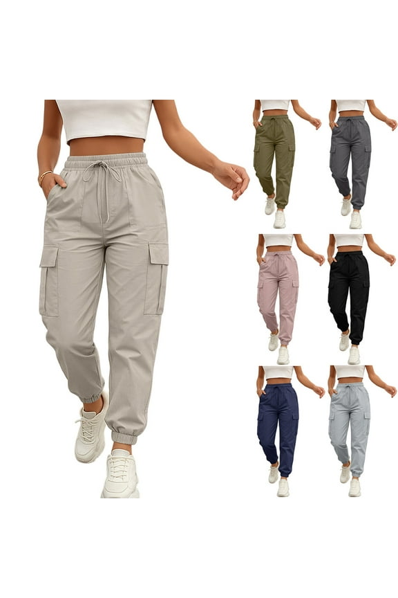 Womens Cargo Pants Casual Lightweight Hiking Pants Drawstring Elastic Waist Joggers with Pockets Black L