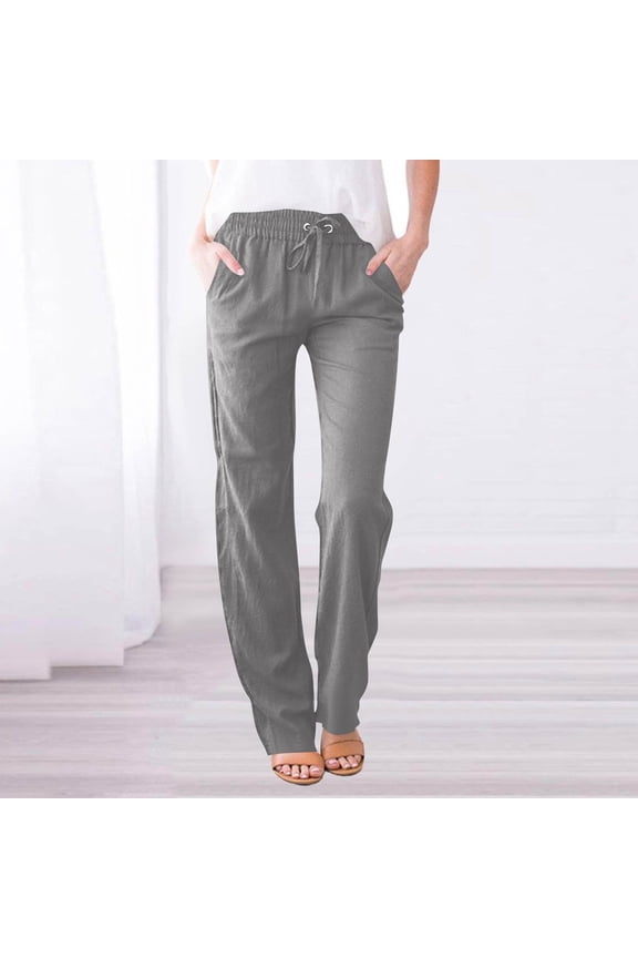 Womens Cotton Linen Pants with Pockets Pull On Petite Pants Drawstring Elastic Waist Pants Lounge Mid Rise Pants Solid Lightweight Trousers Casual Summer Light Gray L