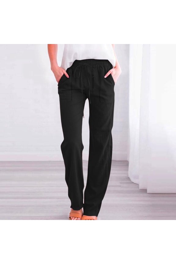 Womens Cotton Linen Pants With Pockets Pull On Petite Summer Pants Drawstring Elastic Waist Pants Lounge Pants Straight Leg Lightweight Trousers Black XL