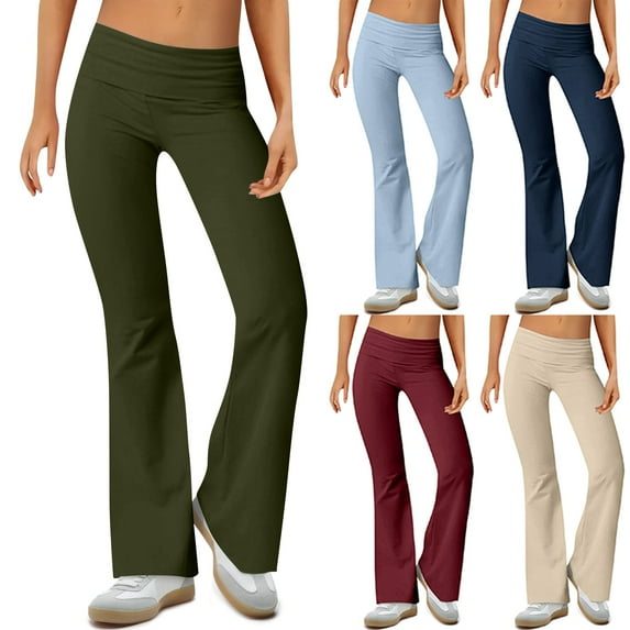 HKYNLAG Womens Flare Leggings Y2K Low Rise Cotton Leggings Fold Over Yoga Pants Bell Bottom Wide Leg Lounge Pants Trousers Light Blue M