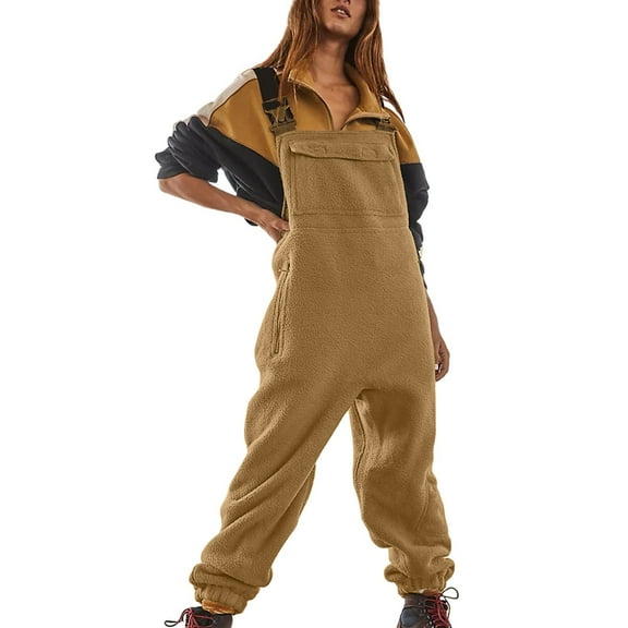 HKYNLAG Womens Fleece Overalls Cute Fleece Adjustable Fit Overalls Fuzzy Sleeveless One-Piece Bib Jumpsuit Pocket Wide Leg Warm Winter Pant Khaki M