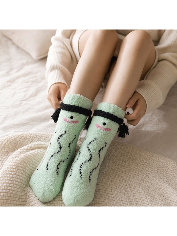 Womens Fuzzy Sleep Socks Funny Cute Braid Detail Home Lounge Socks Plush Crew Socks Soft Indoor Cozy Sock Pair One Size