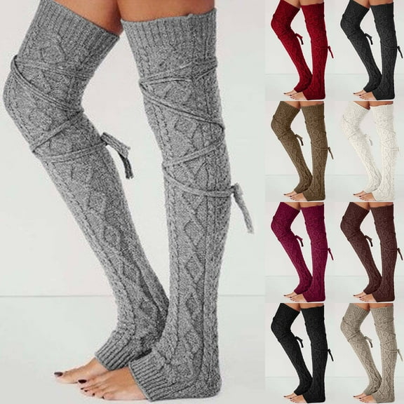 HKYNLAG Womens Leg Warmers Cable Knitted Thigh High Socks Winter Over Knee Boot Socks Leggings Wine One Size