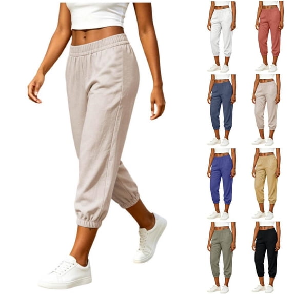 HKYNLAG Womens Linen Capri Pants Petite Pull On Workout Gym Active Baggy Joggers Pants High Waisted Athletic Bottoms Lounge Pants Yellow L