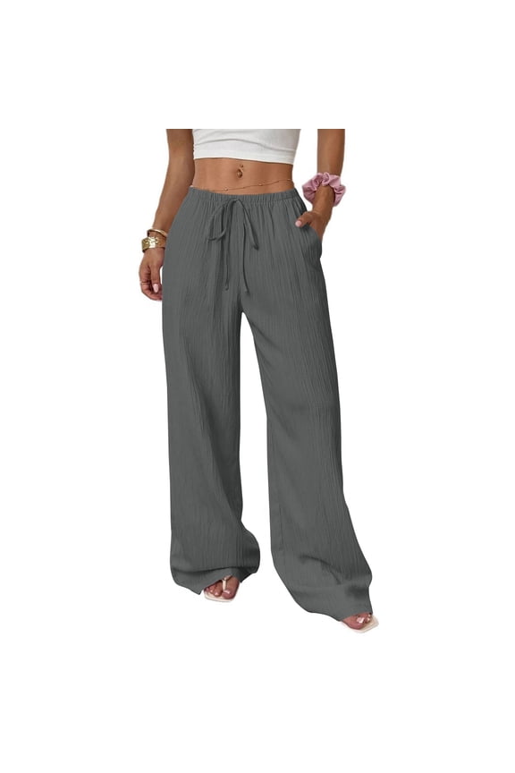 Womens Palazzo Pants Summer Fashion 2026 High Waisted Wide Leg Drawstring Flowy Beach Trousers with Pockets Dark Gray M