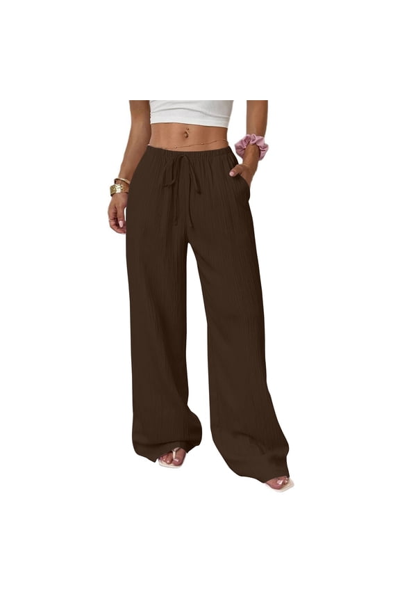 Womens Palazzo Pants Summer Fashion 2026 High Waisted Wide Leg Drawstring Flowy Beach Trousers with Pockets Light Brown S