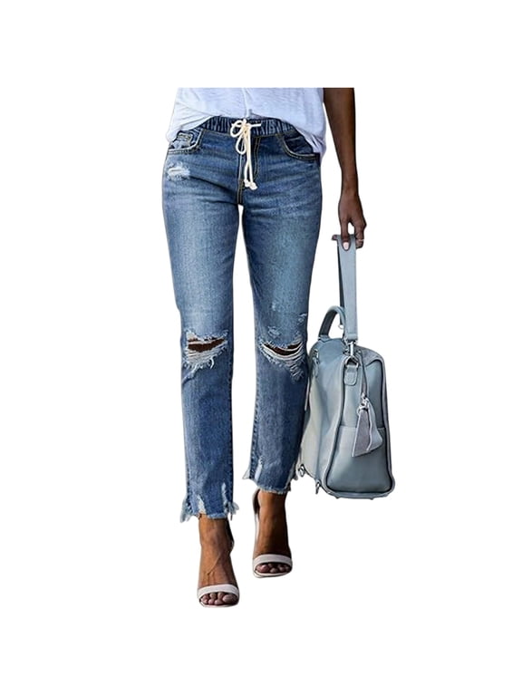 Womens Ripped Jeans Drawstring Elastic High Waisted Skinny Jeans Stretch Distressed Raw Hem Cropped Denim Joggers Light Blue XL