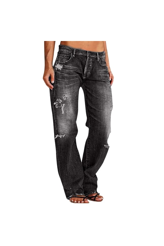 Womens Straight Leg Jeans Button Down Low Rise Ripped Jeans Plus Size Boyfriend Distressed Denim Pants with Pockets Gray XL