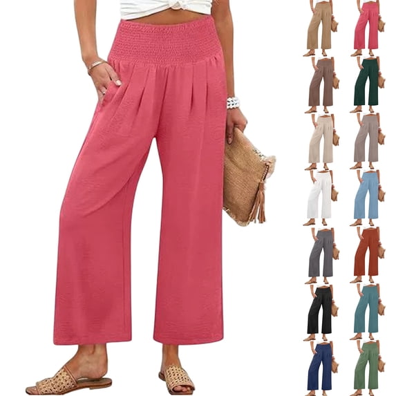 HKYNLAG Womens Wide Leg Palazzo Pants Summer Beach High Waisted Cropped Flowy Pants 2026 Dressy Casual Trousers with Pockets Black M