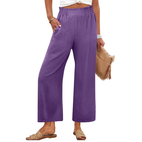 HKYNLAG Womens Wide Leg Palazzo Pants Summer Beach High Waisted Cropped Flowy Pants 2026 Dressy Casual Trousers with Pockets Purple M