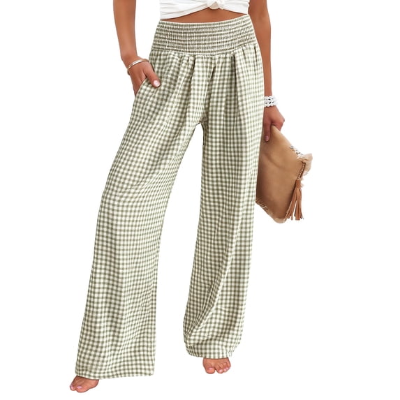 HKYNLAG Womens Wide Leg Pants Striped Gingham High Waisted Cotton Linen Lounge Pants Casual Comfy Trousers with Pockets Light Green L