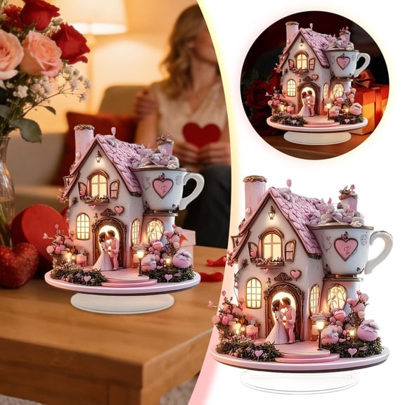 HKYSANG Valentine Romantic Fairy House Acrylic Desk Ornament – Heart-Themed Cottage Design with Couple Scene 2D Table Decor for Home