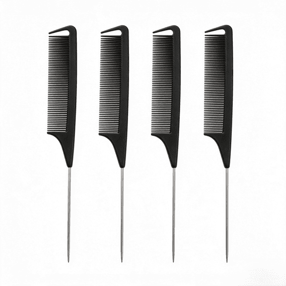 HKquanlin 4 Pack Rat Tail Comb, Metal Pintail Teasing Comb with Fine Teeth, ABS Styling Comb for Parting and Sectioning, Black