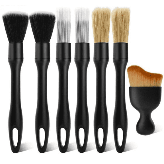 HKquanlin 7PCS Black Car Detailing Brush Set, Multi-Size Soft Bristle Auto Cleaning Tools, 8.27in Long Handle & 3.74in Small Interior Brush
