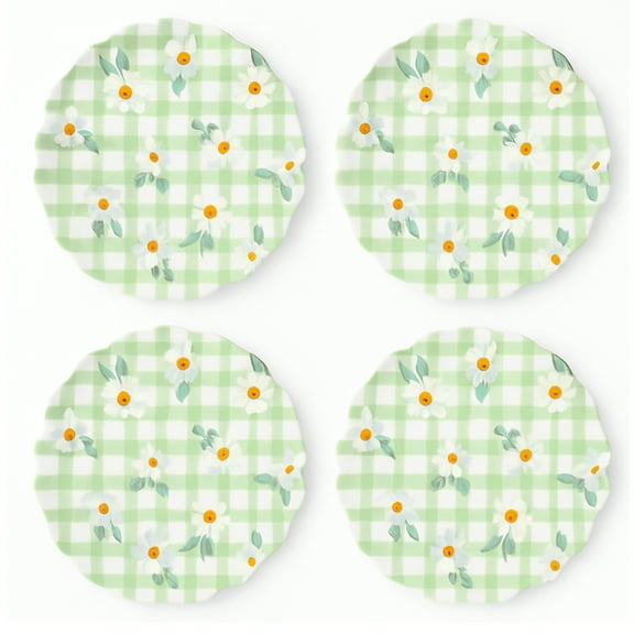 HL Daisy Green White Check Scalloped Melamine Appetizer Plates, 4 Pieces, 9" Round