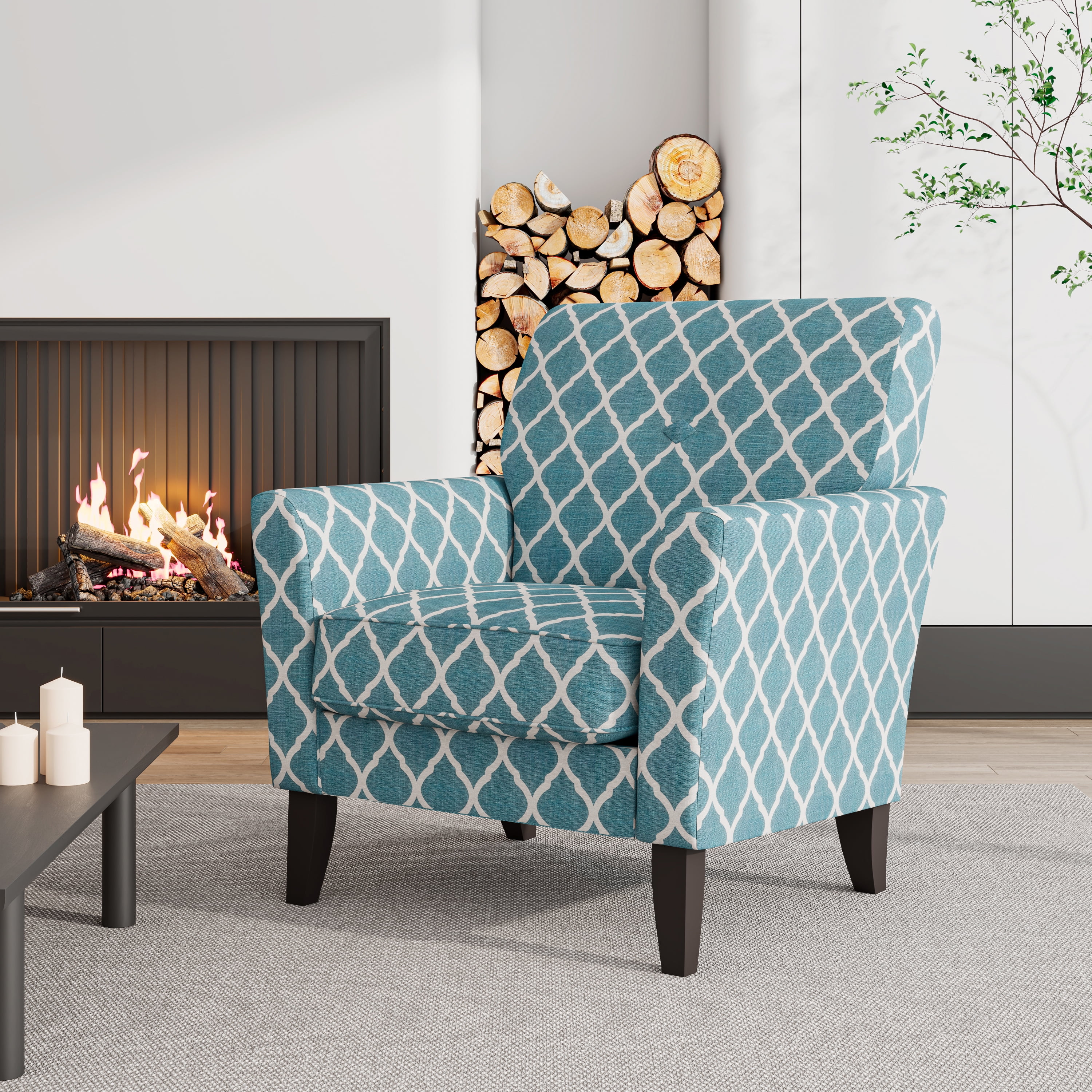 Turquoise Trellis Linen Blend Flared Arm Accent Chair