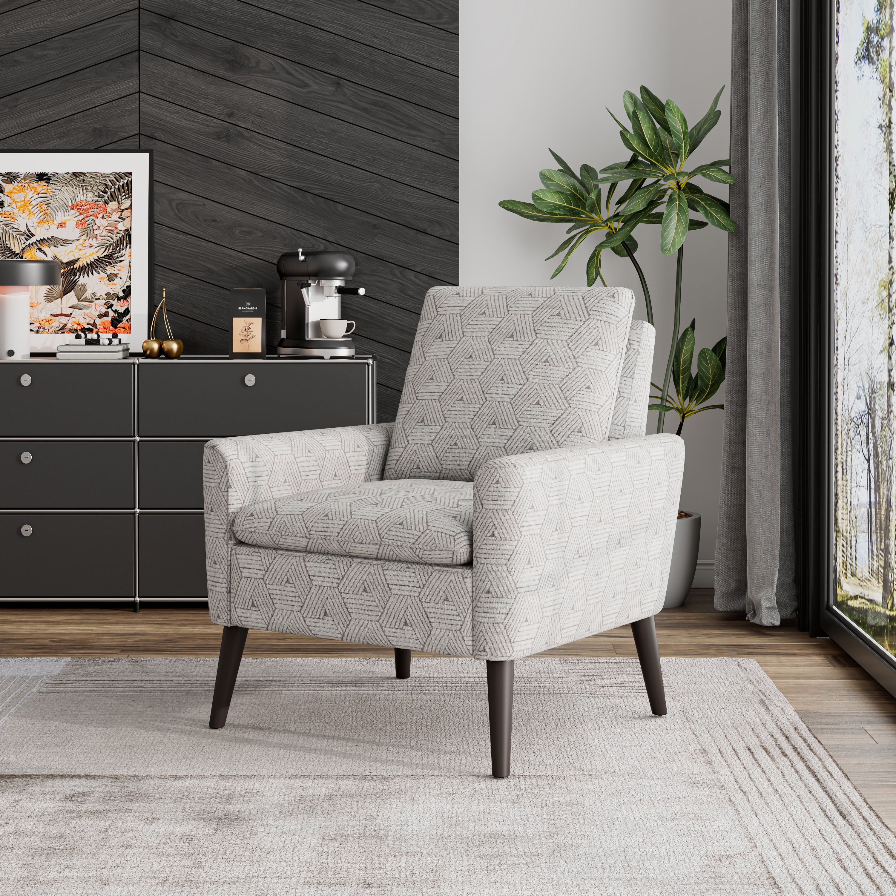 Mid-Century Modern Stone Honeycomb Fabric Accent Chair with Wood Legs