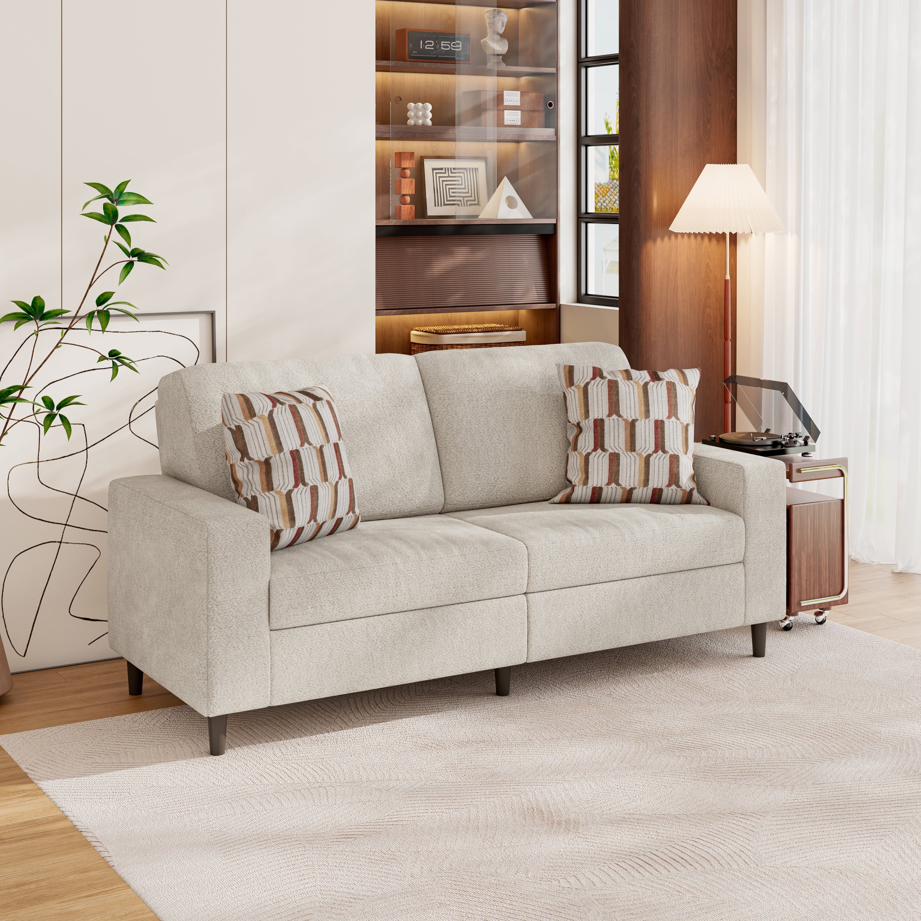 Domesis Copeland Upholstered Small Space Sofa with 2 Accent Pillows Oatmeal Beige Boucle