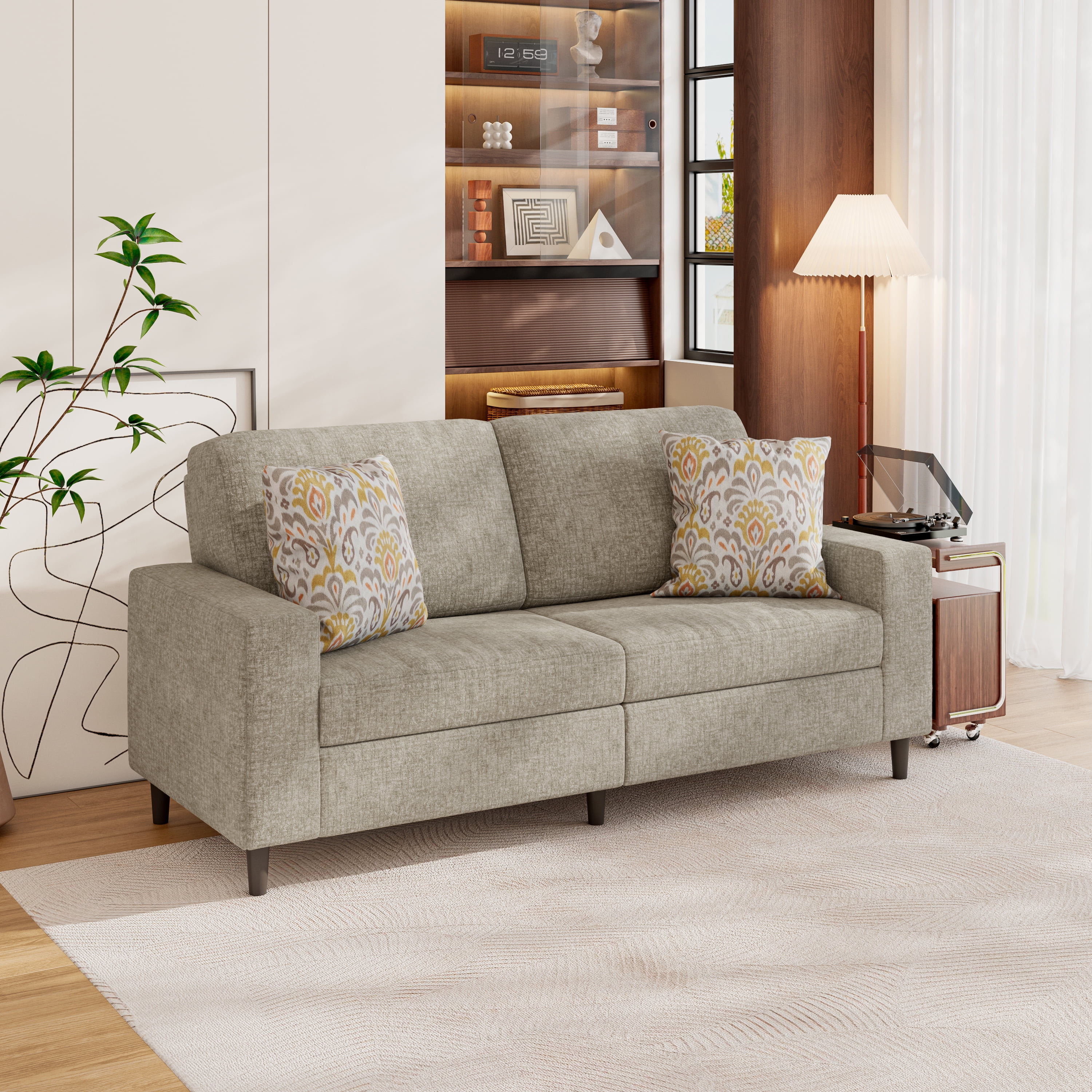 Textured Taupe Chenille Fabric Lawson Sofa with Solid Wood Legs