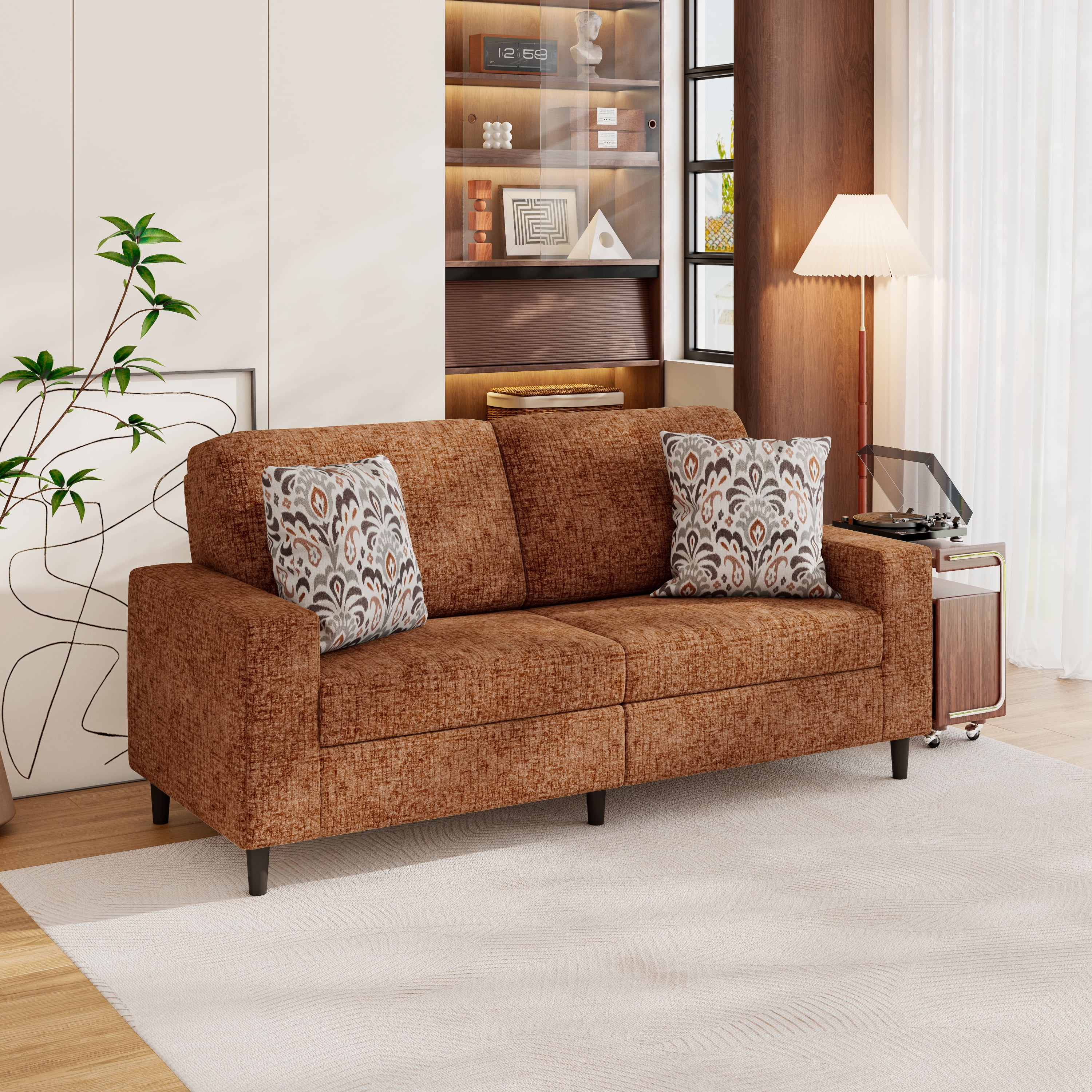 Small Space Sofa in Textured Terra Cotta Red Chenille Fabric