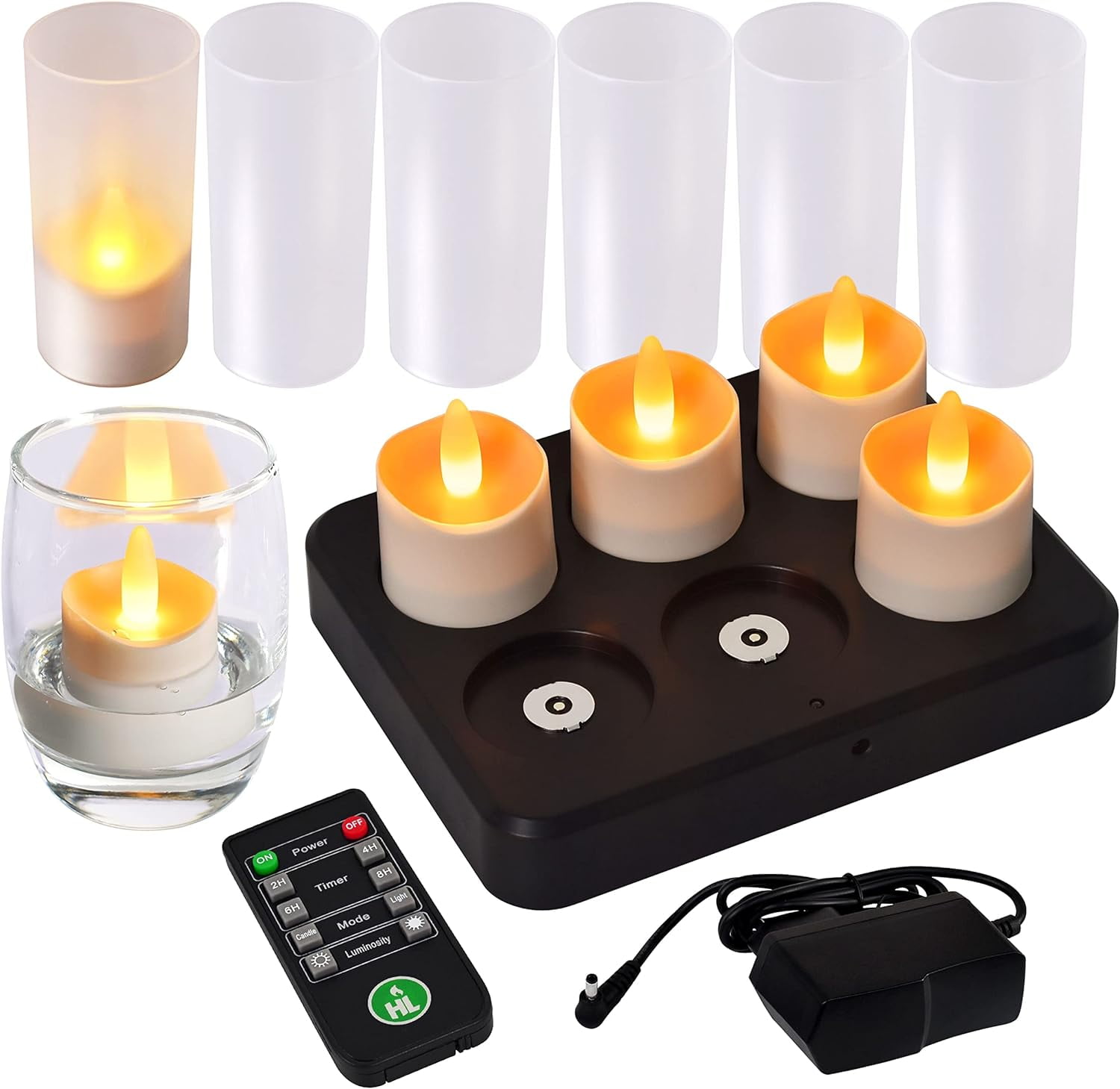 HL Rechargeable Tea Light Candles with Remote Timer,LED Tea Lights Candles Battery Operated,Waterproof Flameless Candles for Home Decor Seasonal Decor,100Hours,Amber,6Pack(2A Adapter Included)