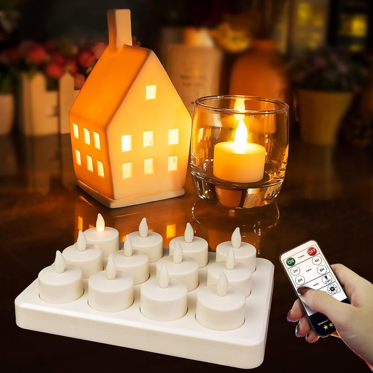 HL Rechargeable Tea Lights Flameless Candles with Remote,Flickering LED Candles with Timer Battery Operated Candles,for Home Seasonal Halloween,12Pack