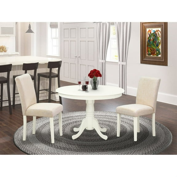 HLAB3-LWH-02 3Pc Round 42 Inch Kitchen Table And 2 Parson Chair With Linen White Leg And Linen Fabric Light Beige
