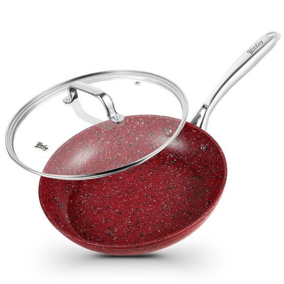 HLAFRG 10 Inch Frying Pan with Lid, Red Granite Skillet with Lid, Less Oil, Oven Safe, Omelet Pan with lid, Heat-Resistant Handle, Induction Compatible