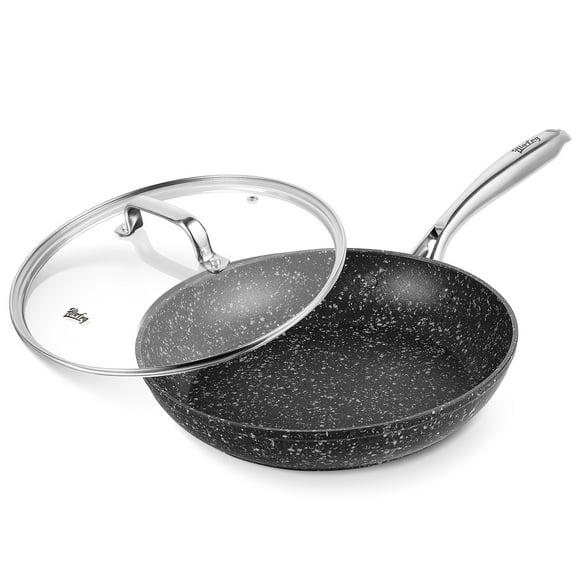 HLAFRG 10 inch Frying Pan with Lid, 10" Omelet Pan, Black Granite Skillet with Lid, Even Heating and Less Oil, Small Pan, Induction compatible