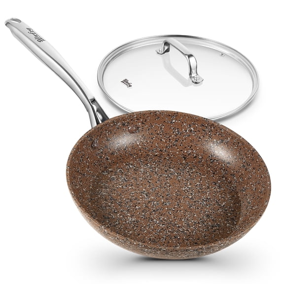 HLAFRG 10 inch Frying Pan with Lid, Brown Granite Skillet with Lid, 10 inch Omelet Pan, Even Heating and Less Oil, Small Pan, Induction compatible