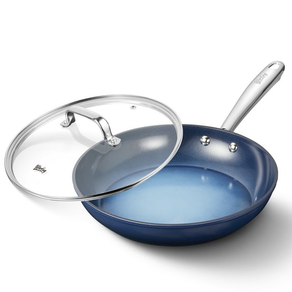 HLAFRG 12 Inch Nonstick Frying Pan with Lid, Ceramic Skillet, Omelet Pan, Less Oil for Health Cooking,12 inch Small Pan with Heat-Resistant Handle, Gradient Blue Pan,All Stoves Compatible