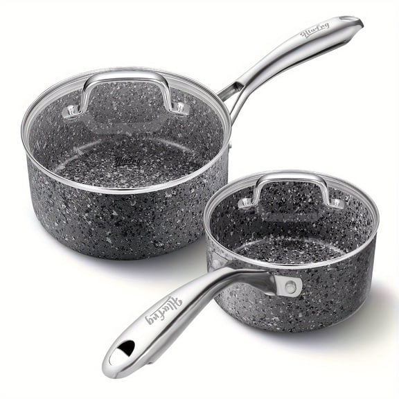 HLAFRG 4-Piece Nonstick Granite Saucepan Set with Glass Lids – 2qt & 3qt, Healthy Nonstick Cookware for Everyday Cooking, Gray