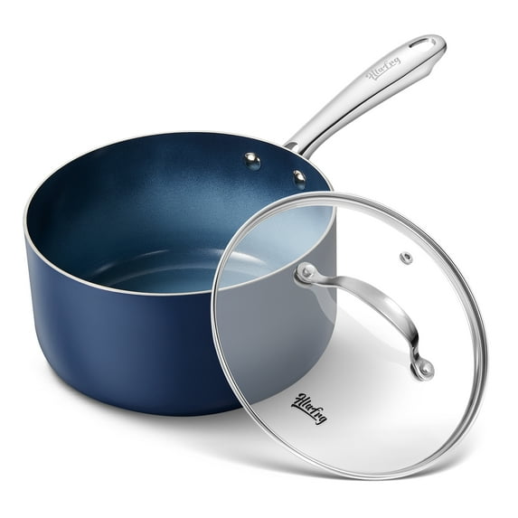 HLAFRG 3QT Nonstick Saucepan with Lid, Toxin-Free Ceramic Coating, Small Pot with Stainless Steel Handle, Suitable for All Stoves&Oven Safe, Gradient Blue Pan, Easy to Clean