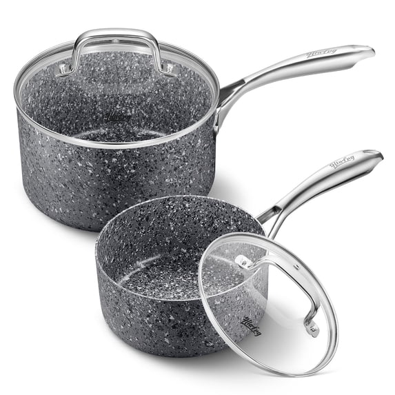 HLAFRG 2QT & 3QT Nonstick Saucepan Set with Lids – Natural Granite Nonstick Sauce Pots, Induction Compatible, Dishwasher Safe, Gray